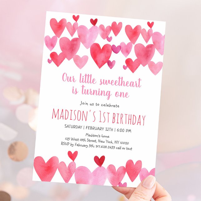 Convites Sweetheart Watercolor Hearts First Birthday (Criador carregado)