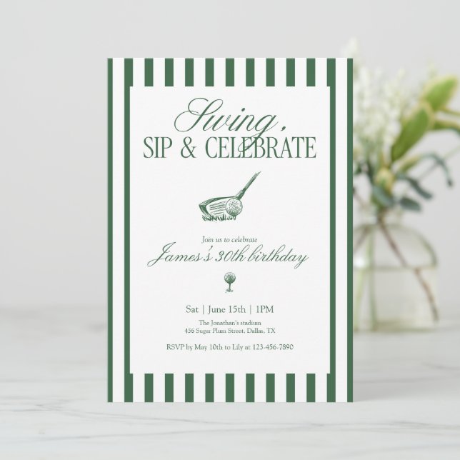 Convites Swing Sip Celebrate Golf Birthday Green Stripe (Em pé/Frente)