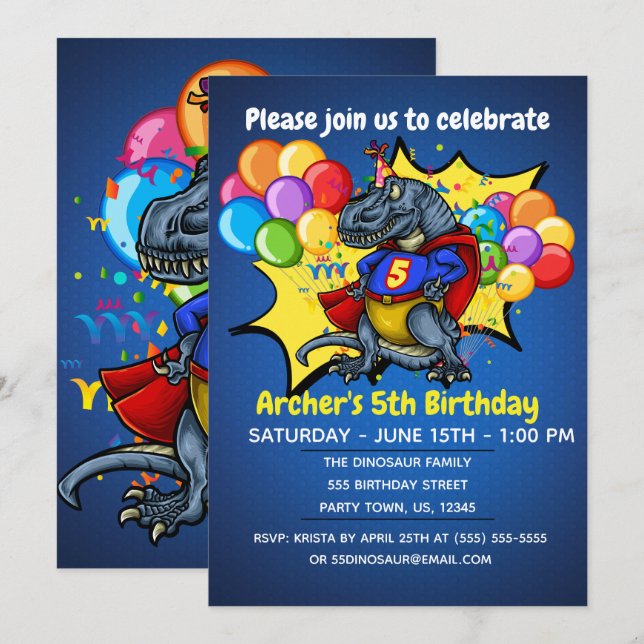 Convites T-Rex 5 de Super-Herói Aniversário (Frente/Verso)