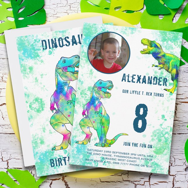 Convites T-Rex Dinossaur 8ª Festa de aniversário (T-Rex dinosaur 8th birthday party invitation with photo template & colorful watercolor tyrannosaurus)