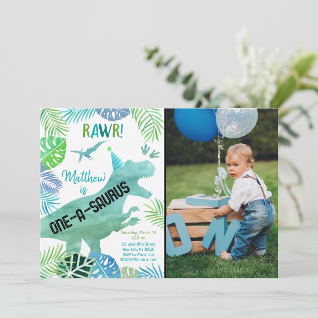 Convites T Rex Dinossaur One-a-saurus Primeiro Aniversário (Em pé/Frente)