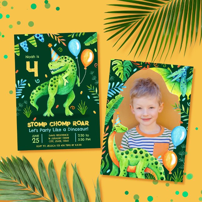 Convites T Rex Dinossaur Stomp Chomp Roar Boy Foto Aniversá (T Rex Dinosaur Stomp Chomp Roar Boy Photo Birthday Invitation)