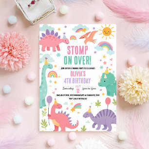 Convites T-Rex Dinossauro Rosa Aniversário de 5 anos