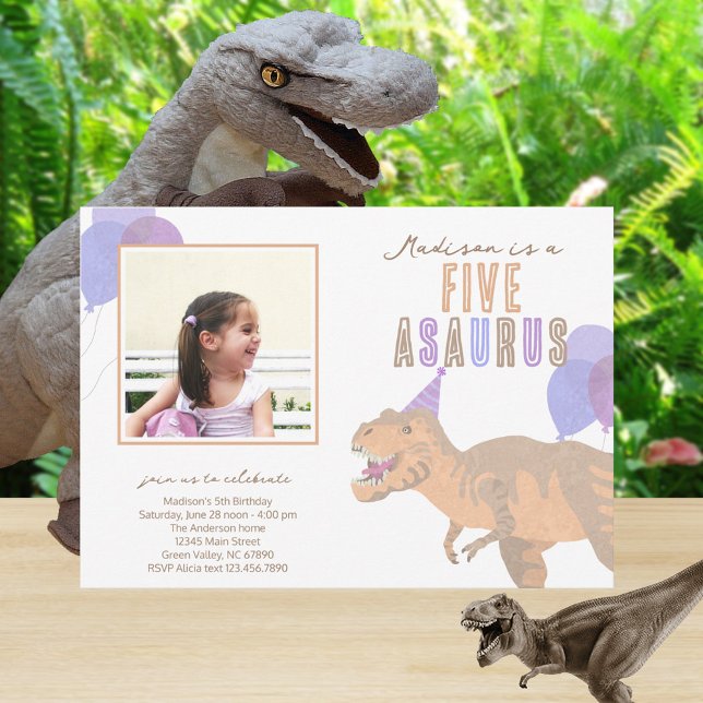 Convites T-Rex Foto de qualquer Festa de aniversário de din (Change FIVE to any age for the perfect dinosaur birthday party invitations for your little one)