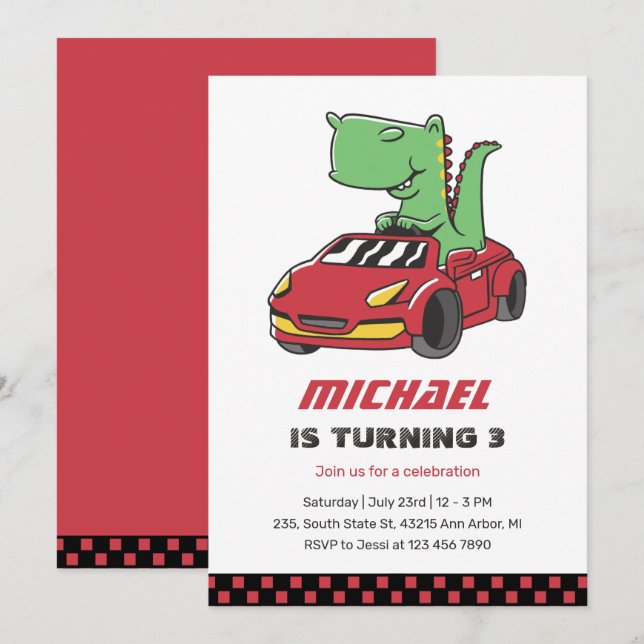 Convites T-Rex Motorista Race Car Kids Aniversário (Frente/Verso)