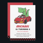 Convites T-Rex Motorista Race Car Kids Aniversário<br><div class="desc">Design para crianças,  rapazes ou raparigas que adoram corridas de carros,  carros desportivos,  velocidade e carro de brinquedos. Perfeito para a festa de aniversário do tema do construtor. Você pode personalizar o texto para ajustado outras ocasiões.</div>