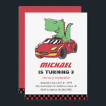 Convites T-Rex Motorista Race Car Kids Aniversário<br><div class="desc">Design para crianças,  rapazes ou raparigas que adoram corridas de carros,  carros desportivos,  velocidade e carro de brinquedos. Perfeito para a festa de aniversário do tema do construtor. Você pode personalizar o texto para ajustado outras ocasiões.</div>