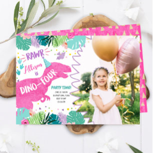 Convites T-Rex Pink Dinossaur Girl Dino Quatro Quarto Anive
