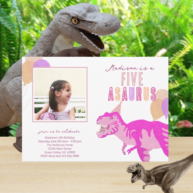 Convites T-Rex Pink Photo Any Age Dinosaur Birthday Party (Change FIVE to any age you need on these pink dinosaur birthday party invitations)