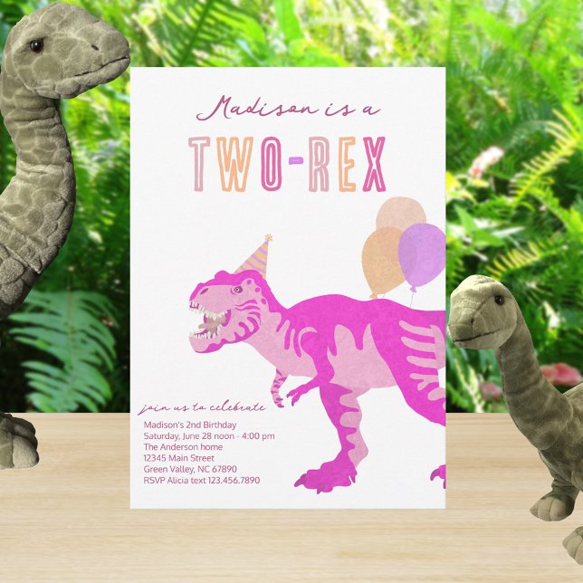 Convites T-Rex Pink Two-Rex Dino Second 2nd Birthday (Cute pink dinosaur Two Rex birthday party invitations)