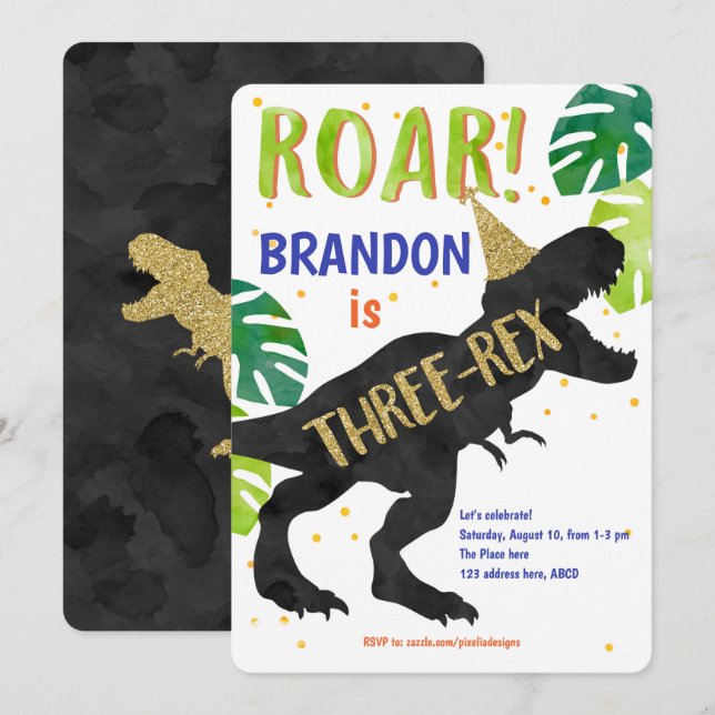 Convites T-Rex, Rapaz, Terceiro Aniversário, Dinossauro (Frente/Verso)