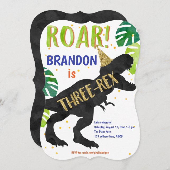 Convites T-Rex, Rapaz, Terceiro Aniversário, Dinossauro (Frente/Verso)