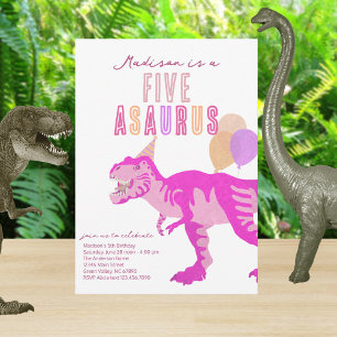 Convites T-Rex Rosa Cinco Asaurus Qualquer Festa de anivers