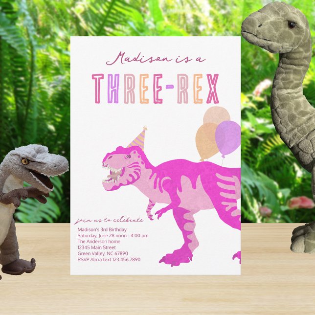Convites T-Rex Rosa Três-Rex Dino Terceiro Aniversário de 3 (Easy to personalize for your pink dinosaur birthday party theme)
