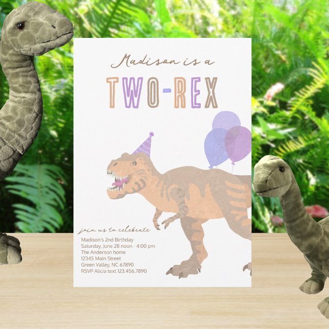 Convites T-Rex Tan Dois Rex Dino Segundo segundo aniversári (Cute two rex 2nd birthday dinosaur invitations for a fun prehistoric kid's party)