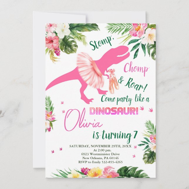 Convites T-Rex Tutus Birthday Convide, Tutus Rosa Esmagado (Frente)