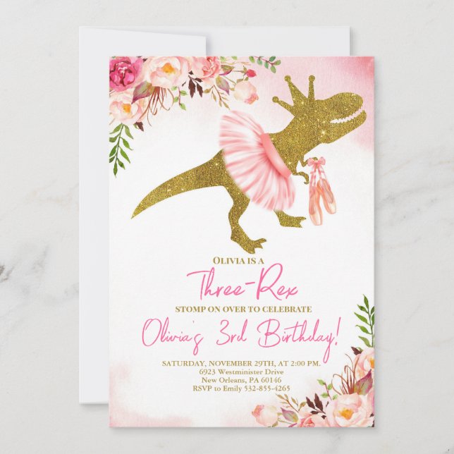 Convites T-Rex Tutus Birthday Convide, Tutus Rosa Esmagado (Frente)