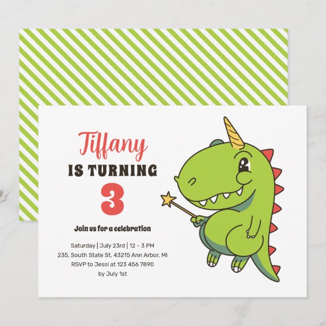 Convites T-Rex Unicorn Fairy Kids Dinossaur Aniversário (Frente/Verso)