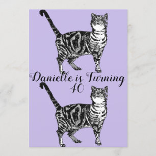 Convites Tabby Cat Purple Art aniversário de 40 anos Convit