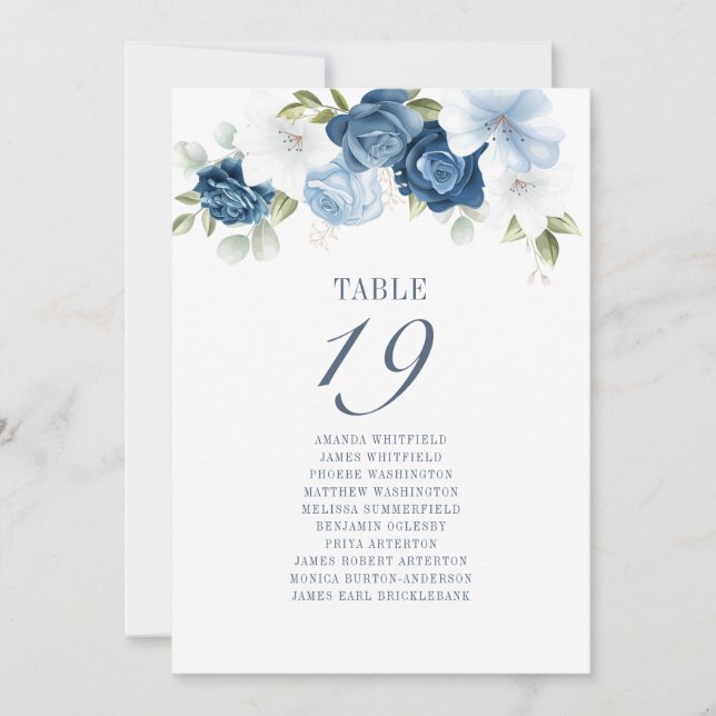 Convites Tabela de Casamento Floral Dusty Blue 19 (Frente)