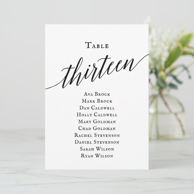 Convites Tabela de Script Elegante Preta Número 13 Gráfico  (Em pé/Frente)