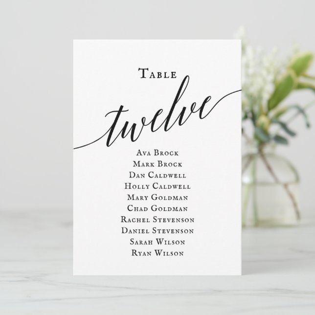 Convites Tabela de Script Elegante Preto Número 12 Gráfico  (Em pé/Frente)