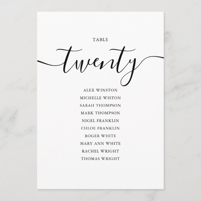 Convites Tabela de Script Preto Elegante Número 20 Sentado (Frente)