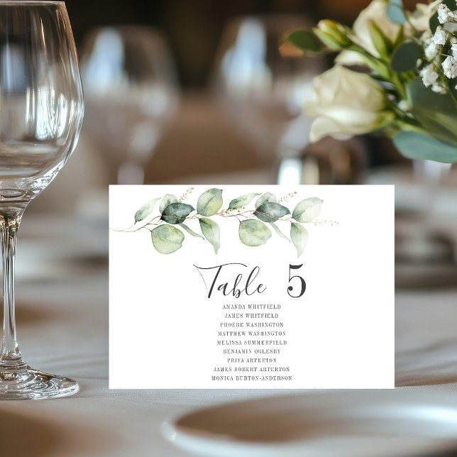 Convites Tabela Eucalyptus Número 5 Casamento (Eucalyptus Greenery Wedding Reception Script Table Number with Guest Names)