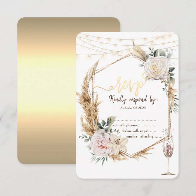 Convites Taça de Champanhe Chic Floral Quadro Dourado RSVP (Frente/Verso)