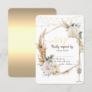 Convites Taça de Champanhe Chic Floral Quadro Dourado RSVP