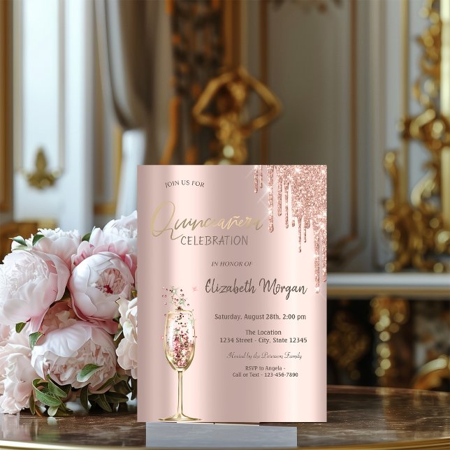 Convites Taça de Champanhe com Glitter Drips Quinceañera (Criador carregado)
