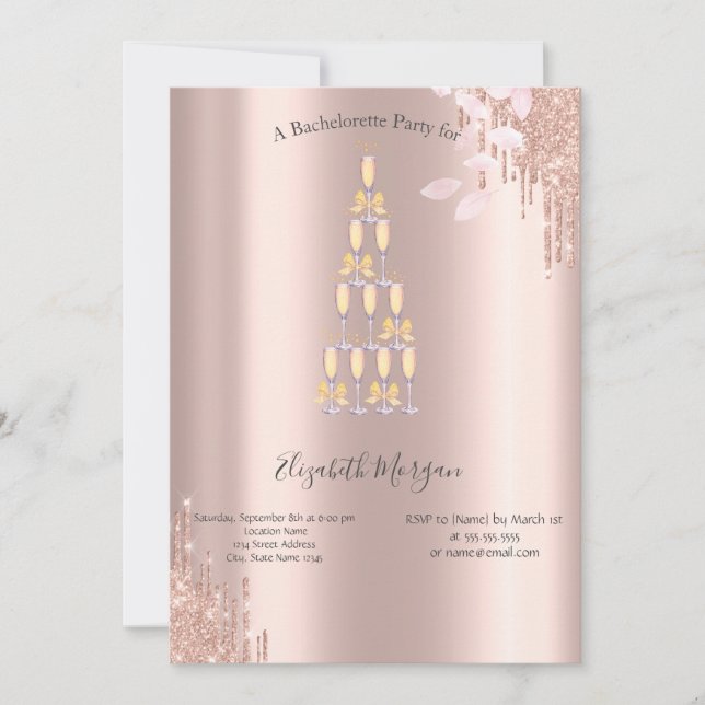Convites Taça de Champanhe com Gotejamento em Rosa Dourado  (Frente)