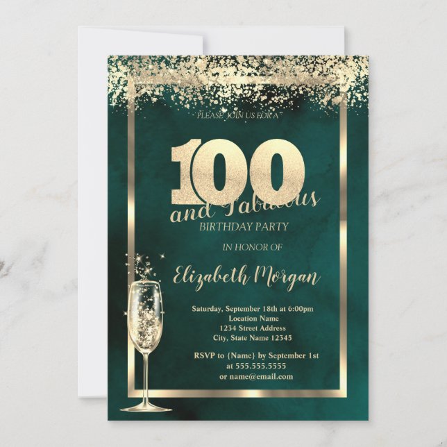 Convites Taça de Champanhe Confete Dourado Verde Aniversári (Frente)