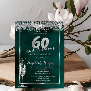 Convites Taça de Champanhe Confete Prata Verde 60 Anos