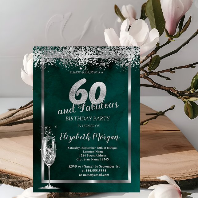 Convites Taça de Champanhe Confete Prata Verde 60 Anos (Criador carregado)