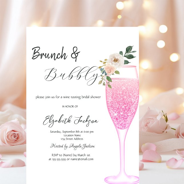 Convites Taça de champanhe rosa flor brunch & borbulhante  (Criador carregado)