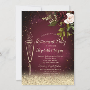 Convites Taça de Champanhe Rosas Burgundy Dourado Aposentad
