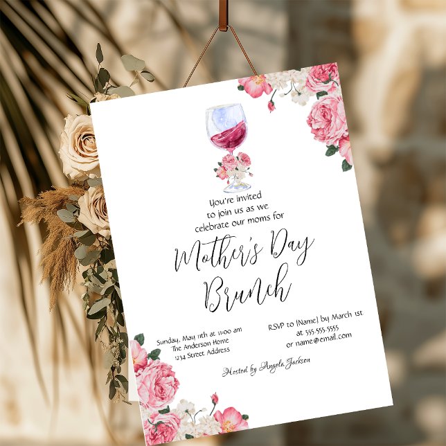 Convites Taça de Vinho com Flores Brunch do Dia das Mães (Criador carregado)