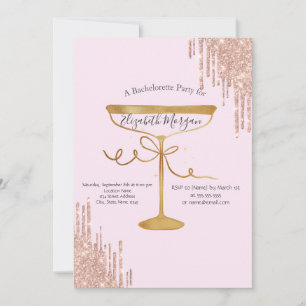 Convites Taça de Vinho com Gotas de Brilho Rosa Despedida d
