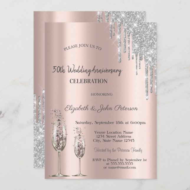 Convites Taça de Vinho com Gotas Dourado Rosa Aniversário d (Frente/Verso)