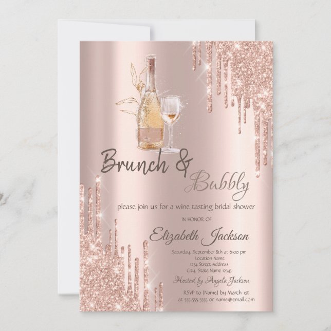 Convites Taça de Vinho com Gotejamento em Rose Gold Brunch  (Frente)