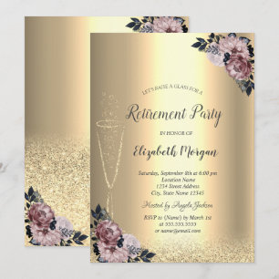 Convites Taça de Vinho Dourado Bokeh Floral Aposentadoria I