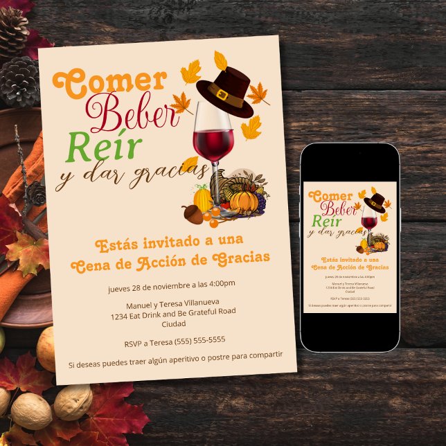 Convites Taca de vinho espanhol Comer Beber Jantar de Ação  (Criador carregado)
