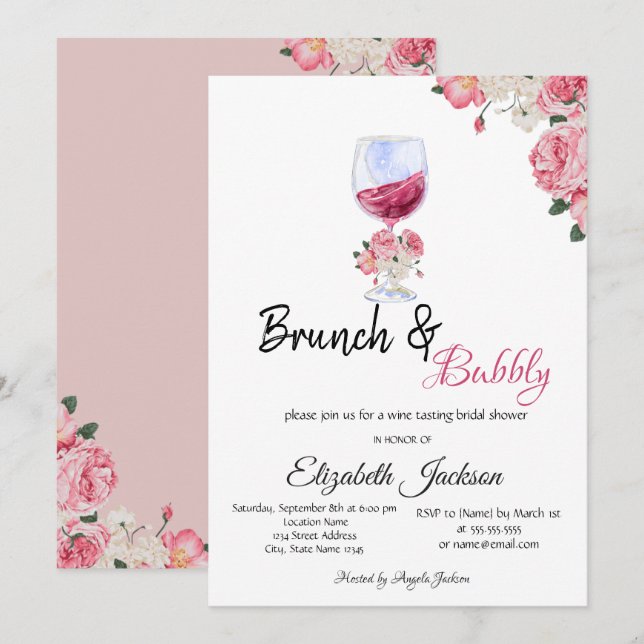 Convites Taça de Vinho Floral Brunch & Bubbly Chá de Noiva (Frente/Verso)