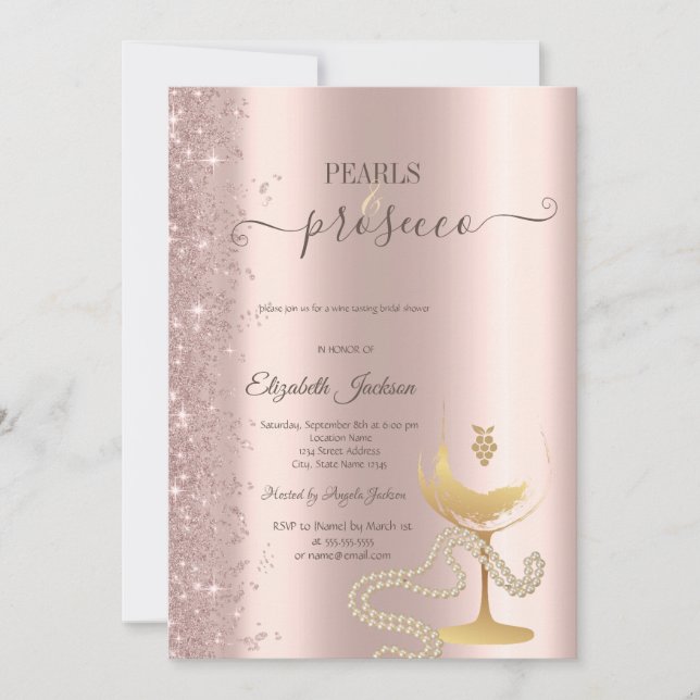 Convites Taça de Vinho Pérolas Brilho Dourado Rosa Choque d (Frente)