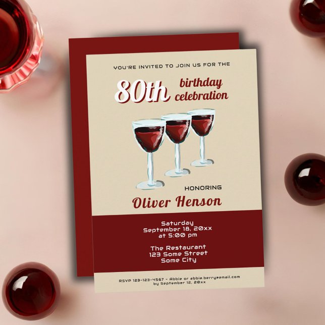 Convites Taca de Vinho Tinto Moderno Aniversário de 80 anos (Criador carregado)