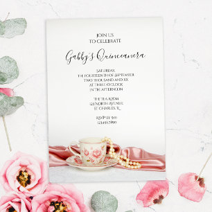 Convites Taça Floral Rosa de Chá com Pérolas Festa de Quinc