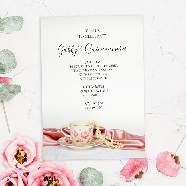 Convites Taça Floral Rosa de Chá com Pérolas Festa de Quinc (Criador carregado)