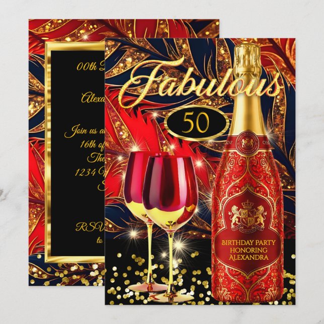 Convites Taças de Champanhe Douradas para Festa de Aniversá (Frente/Verso)