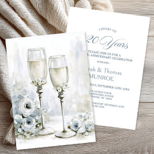 Convites Taças de Champanhe Florais Cinzas 20º Aniversário